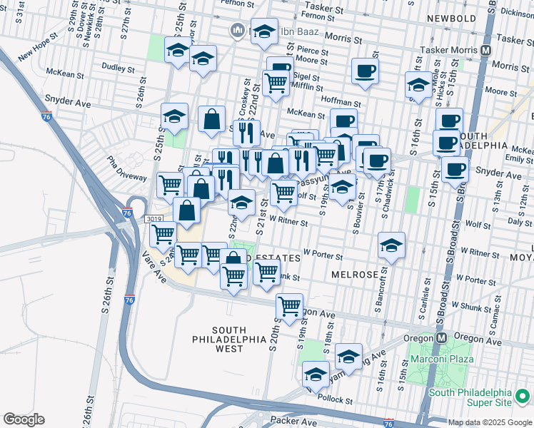 map of restaurants, bars, coffee shops, grocery stores, and more near 2333 South 21st Street in Philadelphia