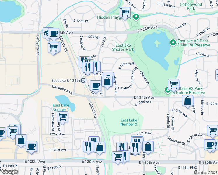 map of restaurants, bars, coffee shops, grocery stores, and more near 12470 York Street in Thornton