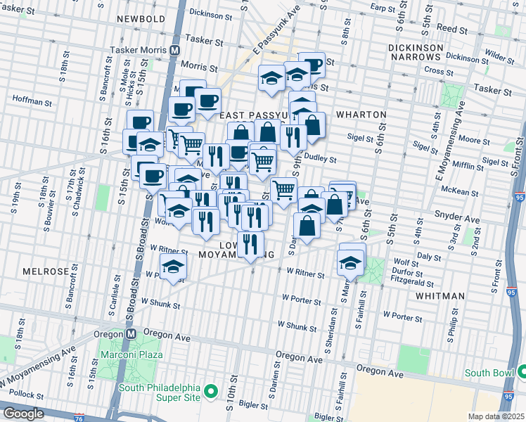map of restaurants, bars, coffee shops, grocery stores, and more near South 10th Street & Jackson Street in Philadelphia