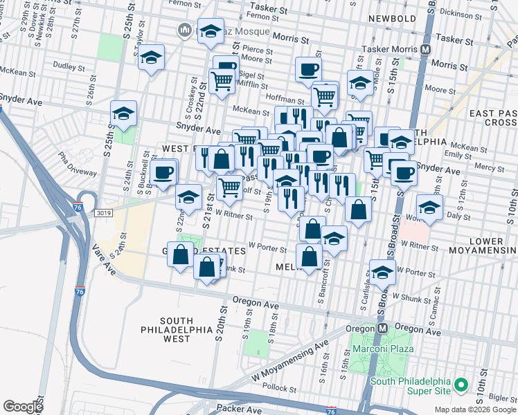 map of restaurants, bars, coffee shops, grocery stores, and more near 1902 Durfor Street in Philadelphia