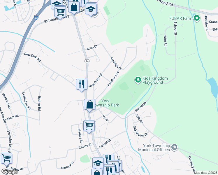 map of restaurants, bars, coffee shops, grocery stores, and more near 136 Kreidler Avenue in York