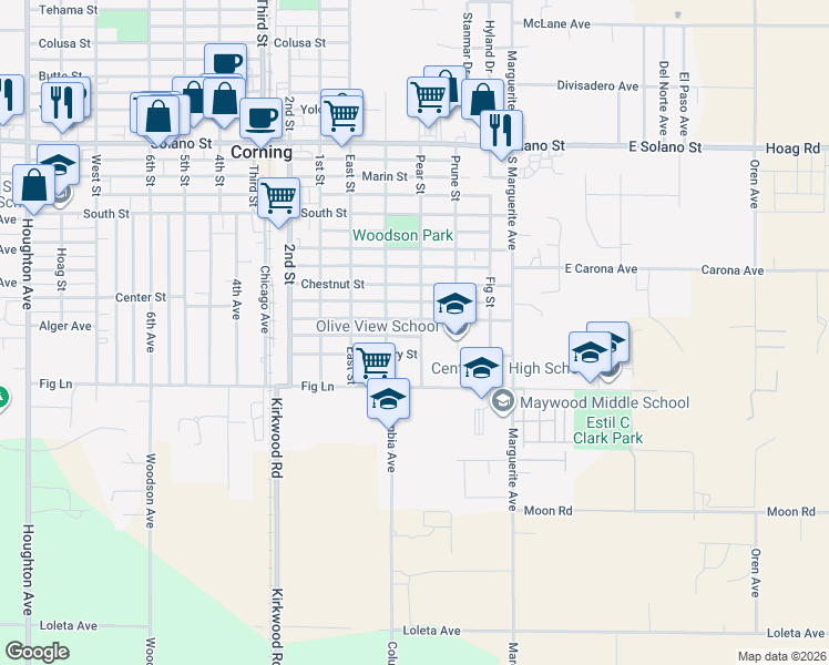 map of restaurants, bars, coffee shops, grocery stores, and more near 1308 Pear Street in Corning