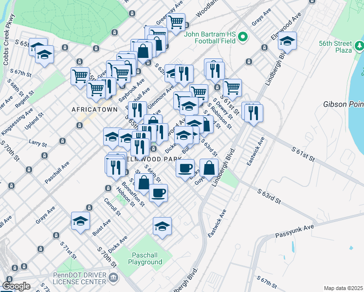 map of restaurants, bars, coffee shops, grocery stores, and more near 6362 Theodore Street in Philadelphia