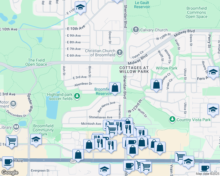 map of restaurants, bars, coffee shops, grocery stores, and more near 286 Dover Court in Broomfield