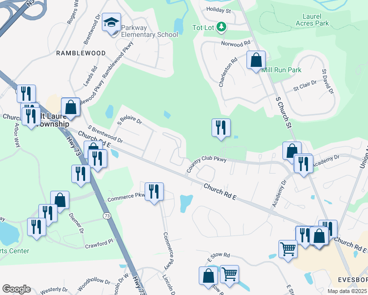 map of restaurants, bars, coffee shops, grocery stores, and more near 703 Augusta Circle in Mount Laurel Township
