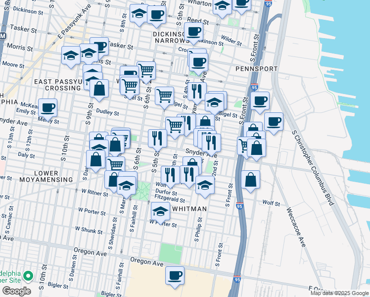 map of restaurants, bars, coffee shops, grocery stores, and more near in Philadelphia
