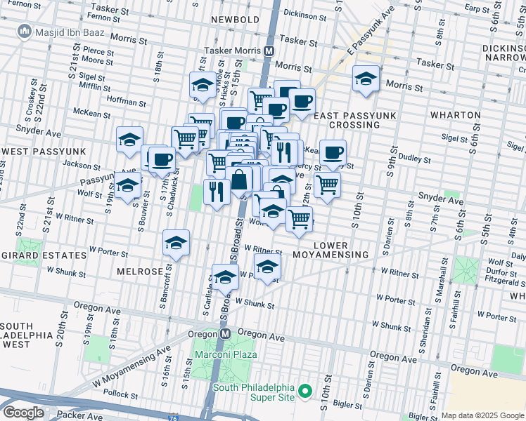 map of restaurants, bars, coffee shops, grocery stores, and more near in Philadelphia