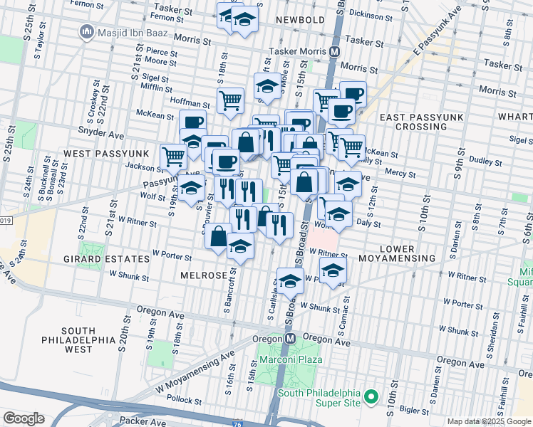 map of restaurants, bars, coffee shops, grocery stores, and more near 2242 South Hicks Street in Philadelphia