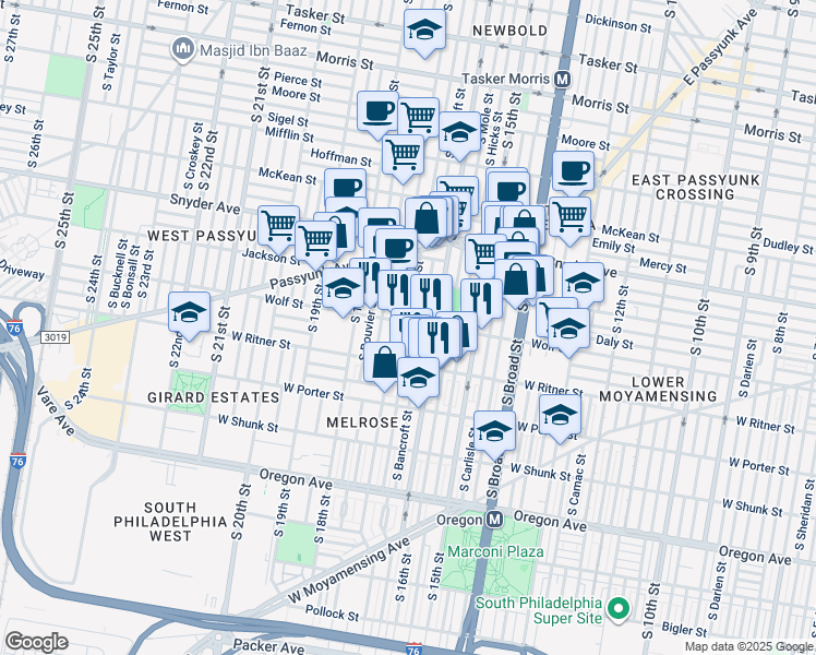 map of restaurants, bars, coffee shops, grocery stores, and more near in Philadelphia