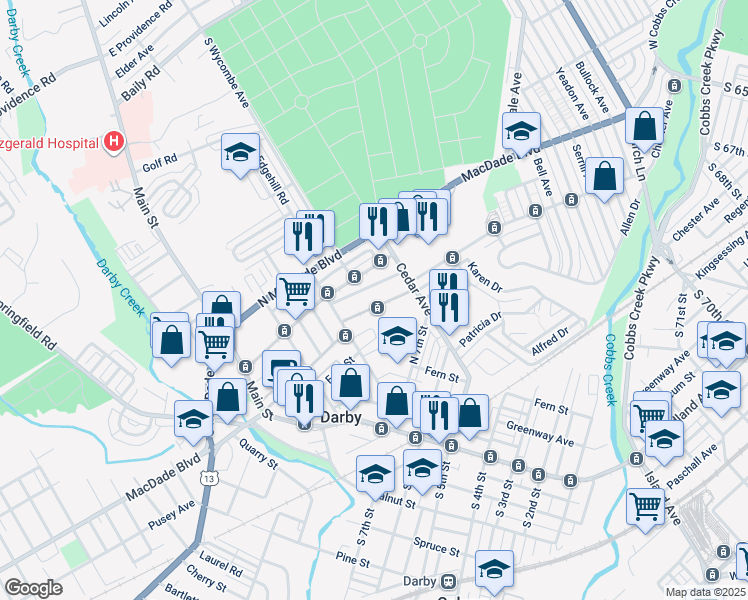 map of restaurants, bars, coffee shops, grocery stores, and more near 231 North 9th Street in Darby