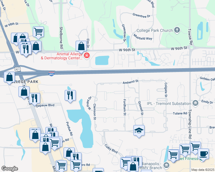 map of restaurants, bars, coffee shops, grocery stores, and more near 3139 Amherst Street in Indianapolis
