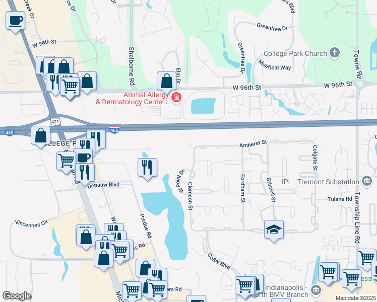 map of restaurants, bars, coffee shops, grocery stores, and more near 9312 West Point Place in Indianapolis