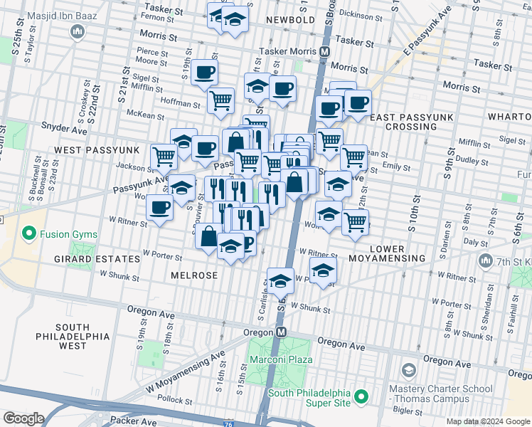 map of restaurants, bars, coffee shops, grocery stores, and more near 2246 South 15th Street in Philadelphia