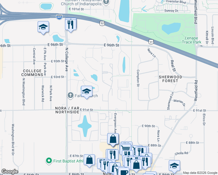 map of restaurants, bars, coffee shops, grocery stores, and more near 9250 Evergreen Avenue in Indianapolis