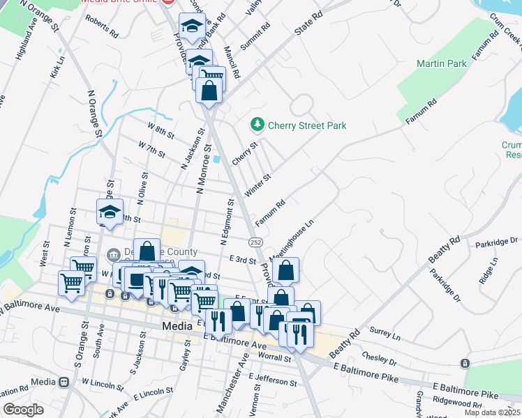 map of restaurants, bars, coffee shops, grocery stores, and more near 720 North Providence Road in Media