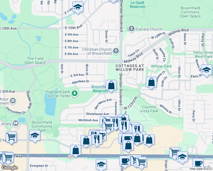 map of restaurants, bars, coffee shops, grocery stores, and more near 286 Dover Court in Broomfield