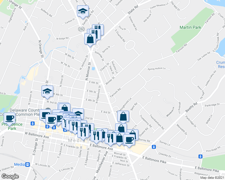 map of restaurants, bars, coffee shops, grocery stores, and more near 720 North Providence Road in Media