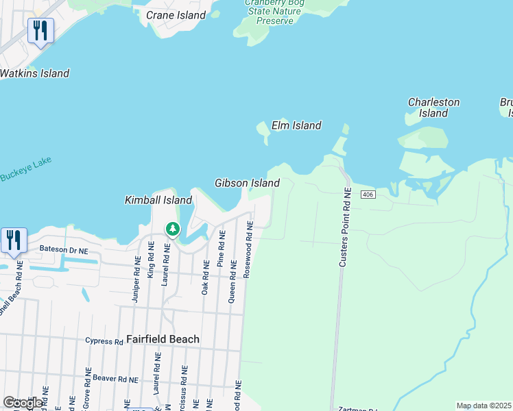 map of restaurants, bars, coffee shops, grocery stores, and more near 13864 Rosewood Road Northeast in Thornville
