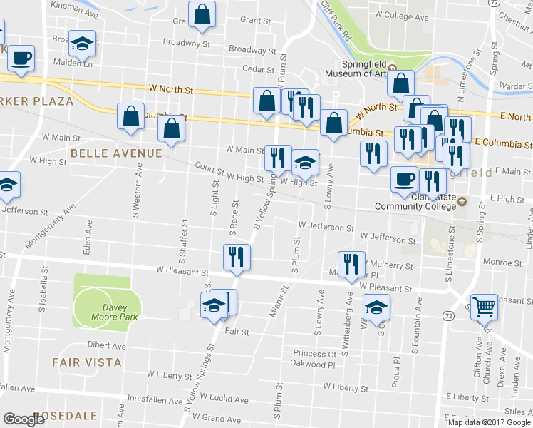 map of restaurants, bars, coffee shops, grocery stores, and more near 220 South Yellow Springs Street in Springfield