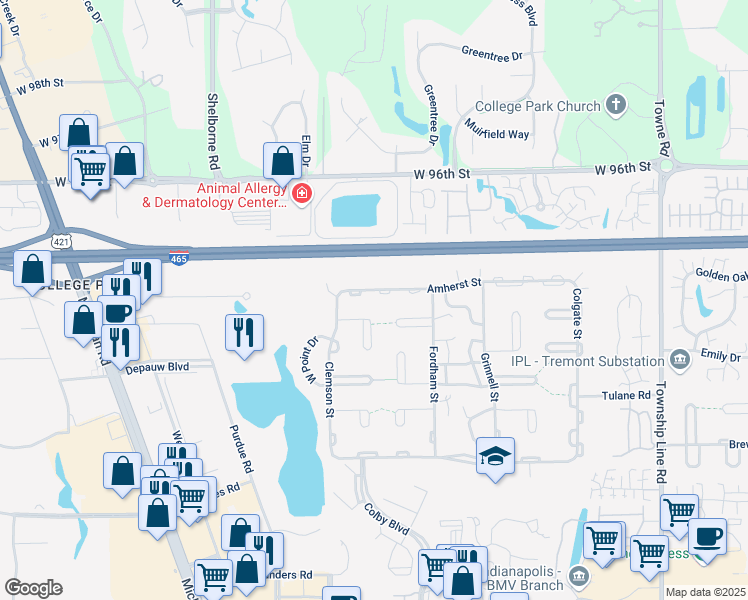 map of restaurants, bars, coffee shops, grocery stores, and more near 3139 Amherst Street in Indianapolis