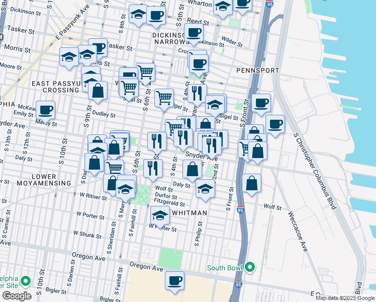 map of restaurants, bars, coffee shops, grocery stores, and more near 347 Snyder Avenue in Philadelphia