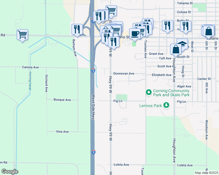 map of restaurants, bars, coffee shops, grocery stores, and more near 1560 Highway 99 West in Corning