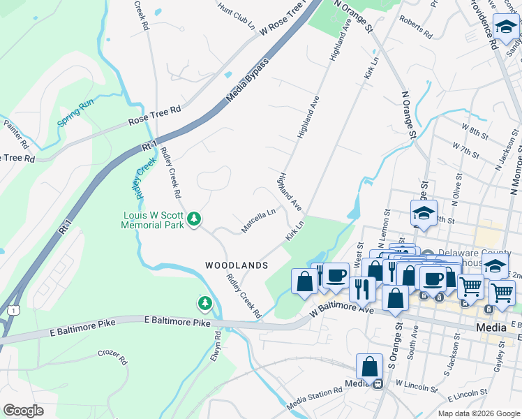 map of restaurants, bars, coffee shops, grocery stores, and more near 220 Marcella Lane in Media