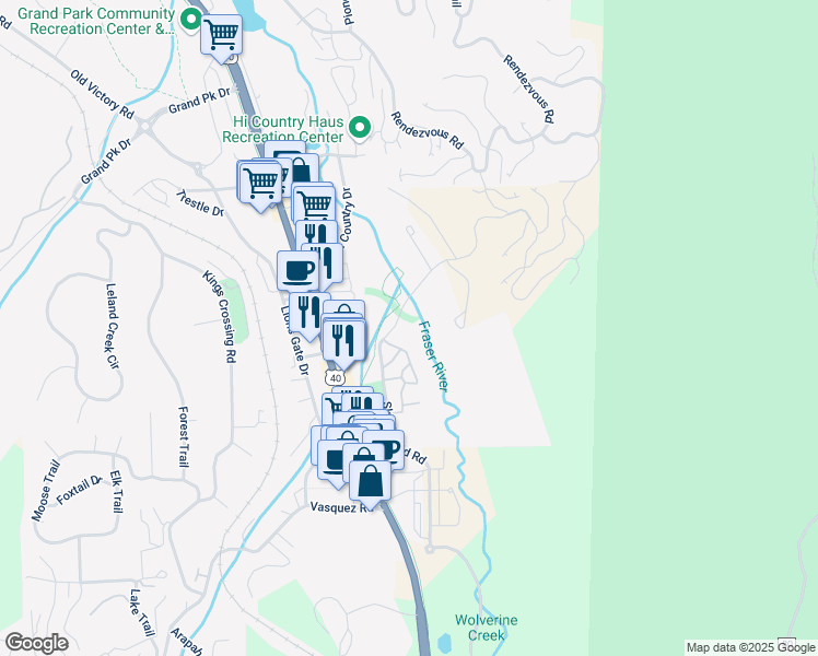 map of restaurants, bars, coffee shops, grocery stores, and more near 171 Ski Idlewild Road in Granby