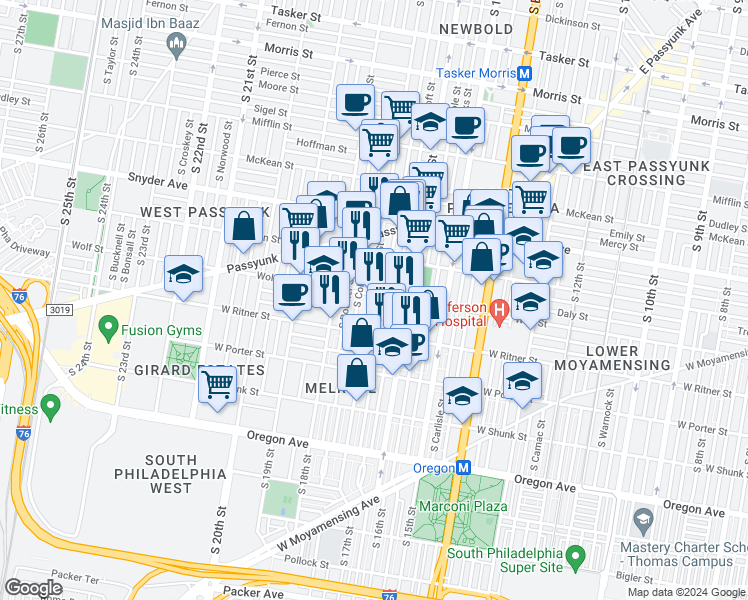 map of restaurants, bars, coffee shops, grocery stores, and more near 1640 Wolf Street in Philadelphia
