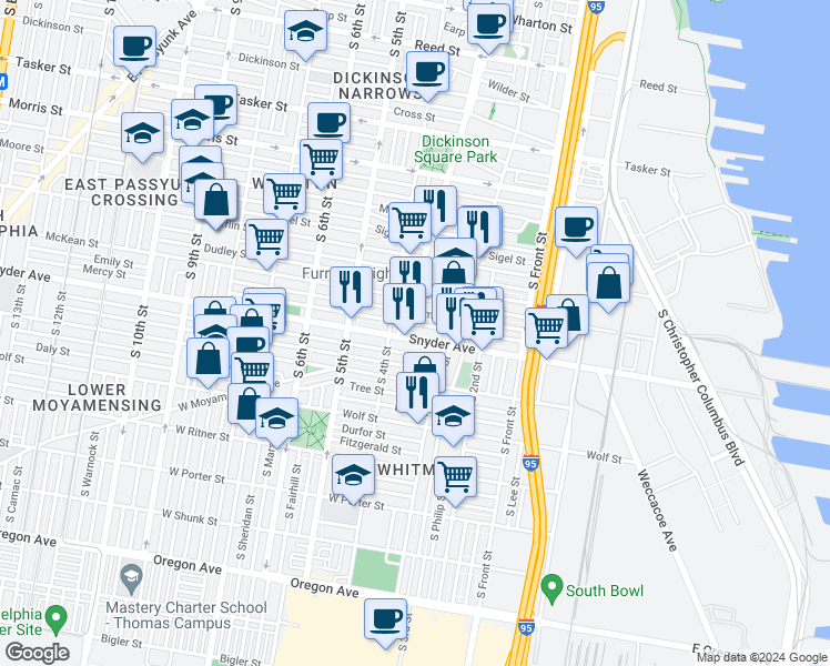 map of restaurants, bars, coffee shops, grocery stores, and more near 347 Snyder Avenue in Philadelphia