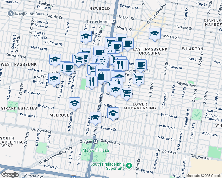 map of restaurants, bars, coffee shops, grocery stores, and more near in Philadelphia