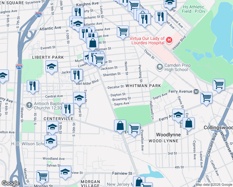 map of restaurants, bars, coffee shops, grocery stores, and more near 1223 Dayton Street in Camden