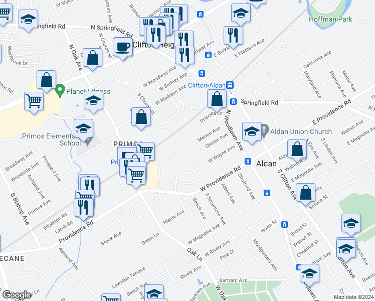 map of restaurants, bars, coffee shops, grocery stores, and more near 174 Merion Avenue in Aldan
