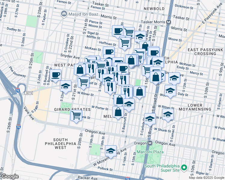 map of restaurants, bars, coffee shops, grocery stores, and more near 2307 South 18th Street in Philadelphia