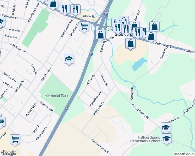 map of restaurants, bars, coffee shops, grocery stores, and more near 1221 Fox Den Road in Chambersburg
