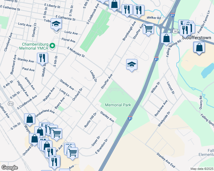 map of restaurants, bars, coffee shops, grocery stores, and more near 670 Stouffer Avenue in Chambersburg