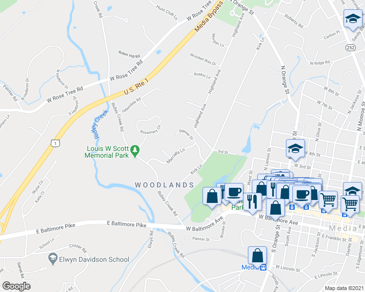 map of restaurants, bars, coffee shops, grocery stores, and more near 220 Marcella Lane in Media