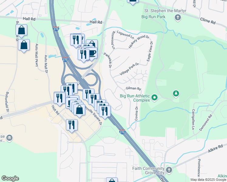 map of restaurants, bars, coffee shops, grocery stores, and more near 4714 Bay Run Drive in Columbus