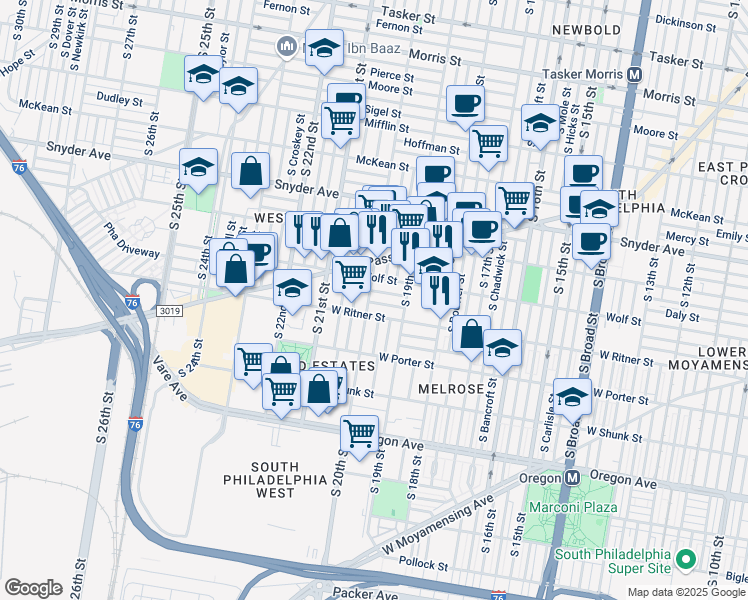 map of restaurants, bars, coffee shops, grocery stores, and more near 1949 Fitzgerald Street in Philadelphia