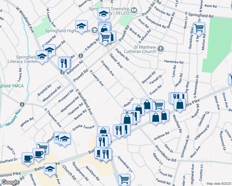 map of restaurants, bars, coffee shops, grocery stores, and more near 724 Evans Road in Springfield