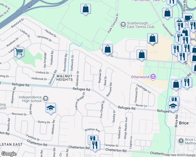 map of restaurants, bars, coffee shops, grocery stores, and more near 2771 Raphael Drive in Columbus