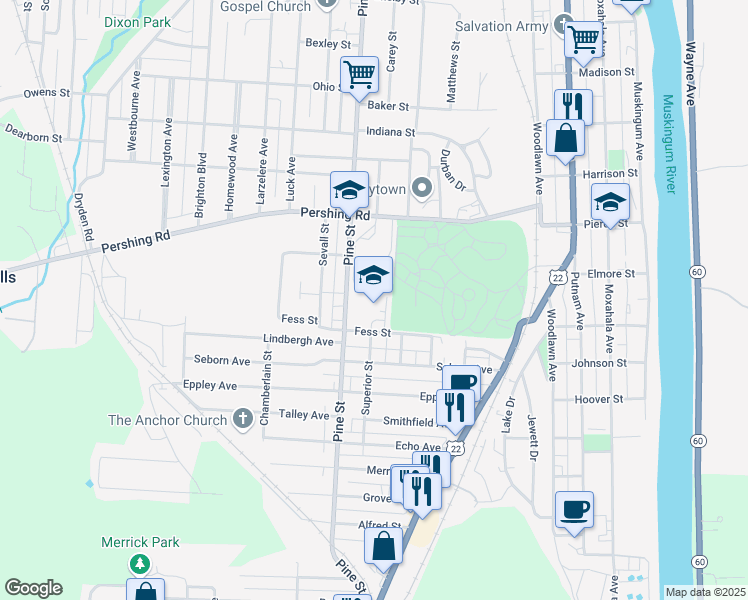 map of restaurants, bars, coffee shops, grocery stores, and more near 711 Fess Street in Zanesville