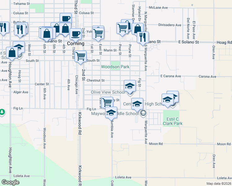 map of restaurants, bars, coffee shops, grocery stores, and more near 609 Almond Street in Corning