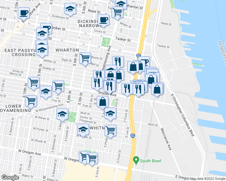 map of restaurants, bars, coffee shops, grocery stores, and more near 2029 South 3rd Street in Philadelphia
