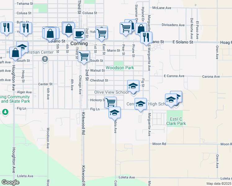 map of restaurants, bars, coffee shops, grocery stores, and more near 623 Almond Street in Corning