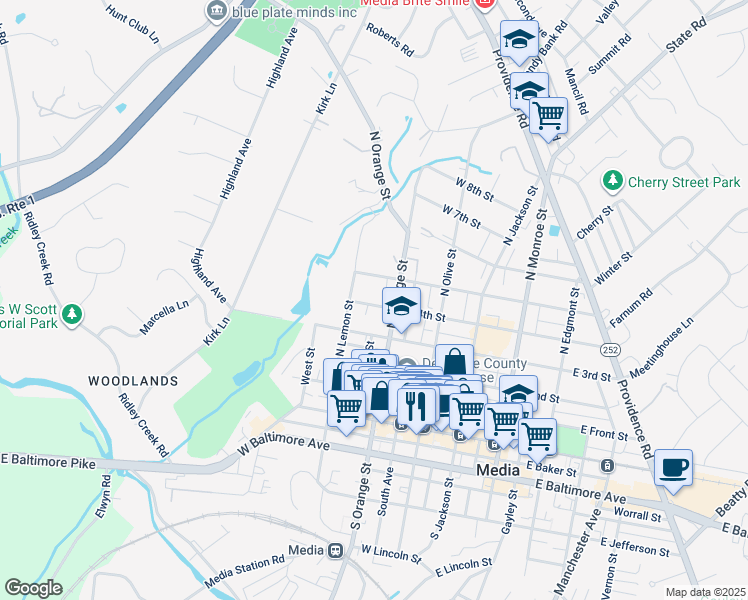 map of restaurants, bars, coffee shops, grocery stores, and more near 323 West 4th Street in Media