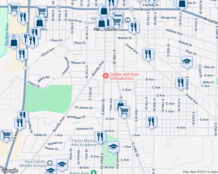 map of restaurants, bars, coffee shops, grocery stores, and more near 201 Park Avenue in New Castle