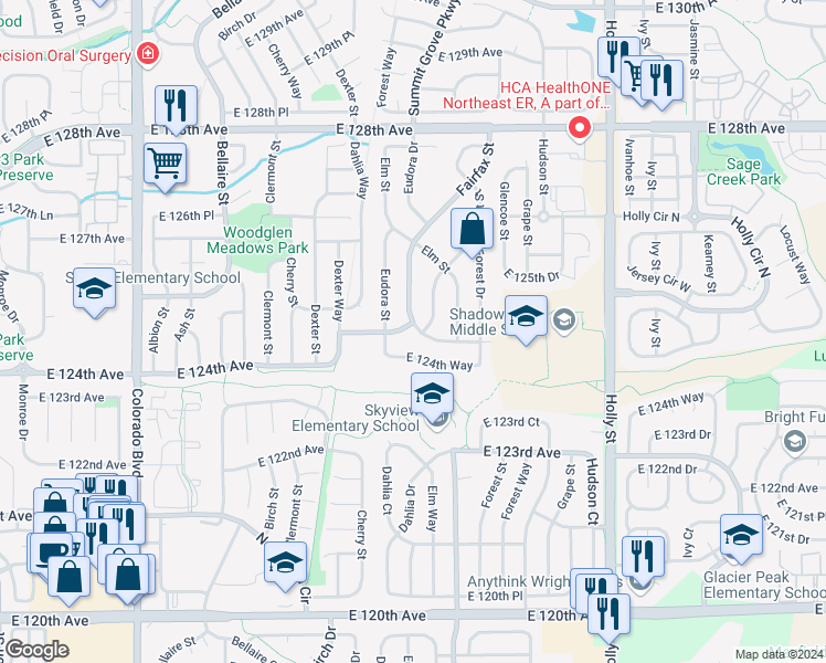 map of restaurants, bars, coffee shops, grocery stores, and more near 4928 East 125th Avenue in Thornton