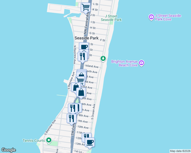 map of restaurants, bars, coffee shops, grocery stores, and more near 15 S Ocean Ave in Seaside Park