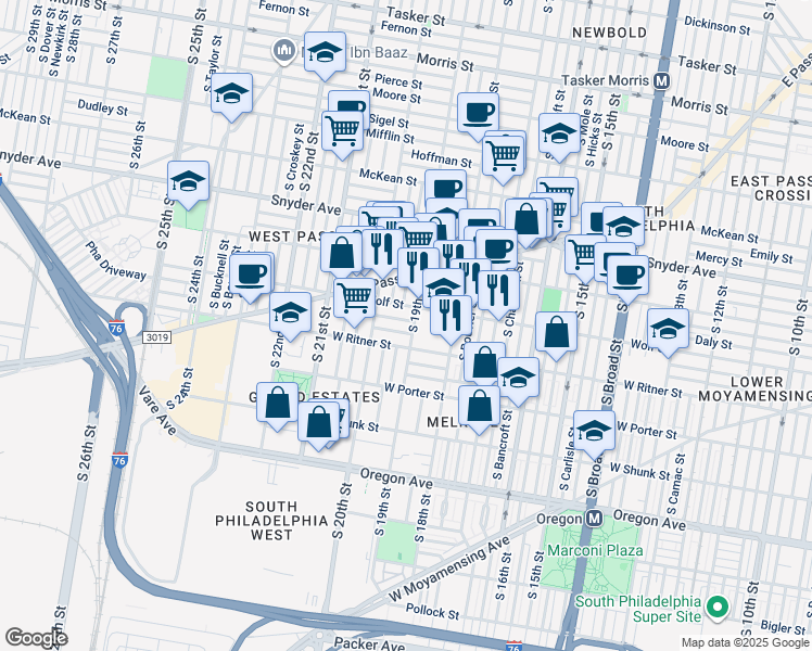 map of restaurants, bars, coffee shops, grocery stores, and more near 1906 Durfor Street in Philadelphia